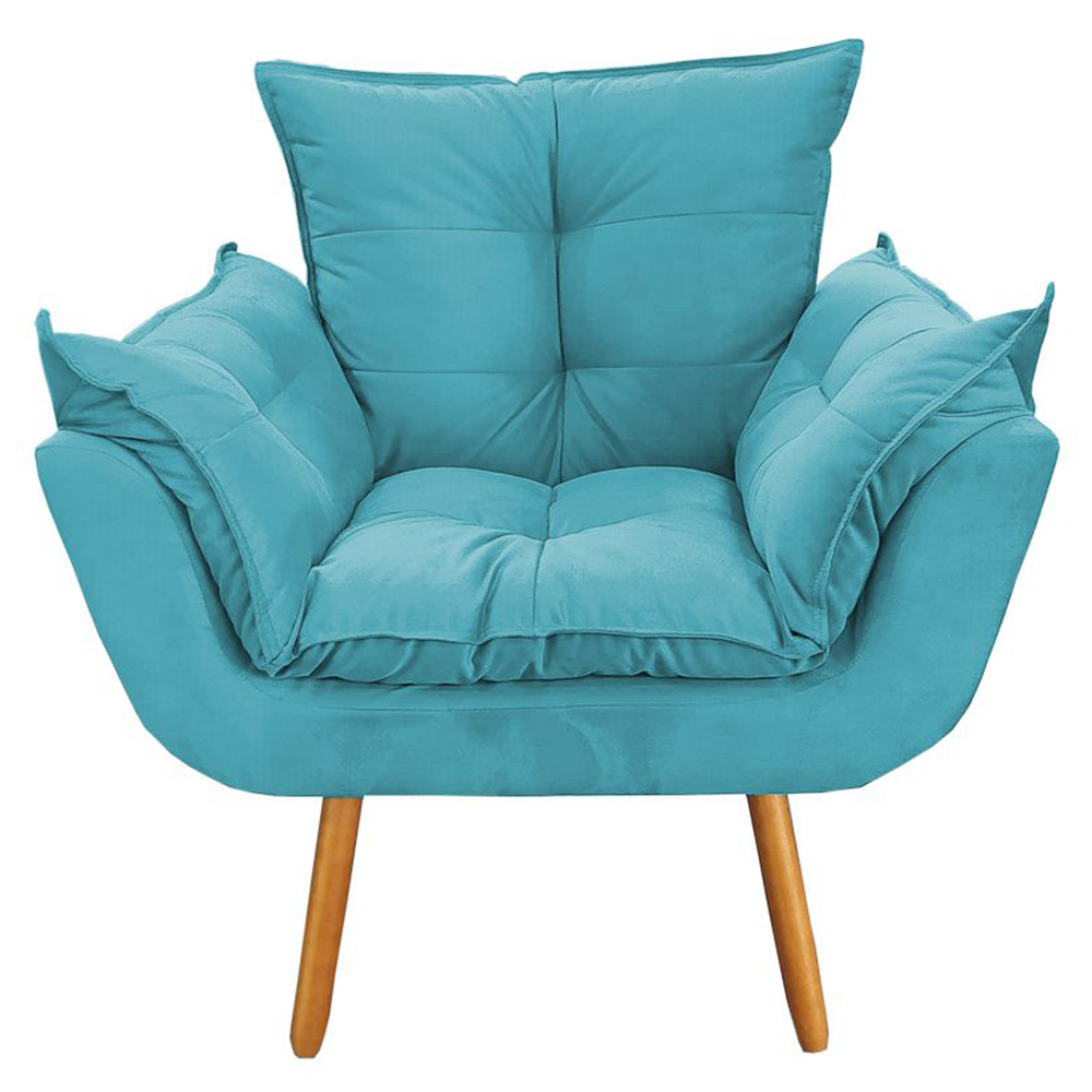 Combo Poltrona Decorativa Opalla Mais Puff Pés Palito Suede Azul Turquesa - DS Estofados
