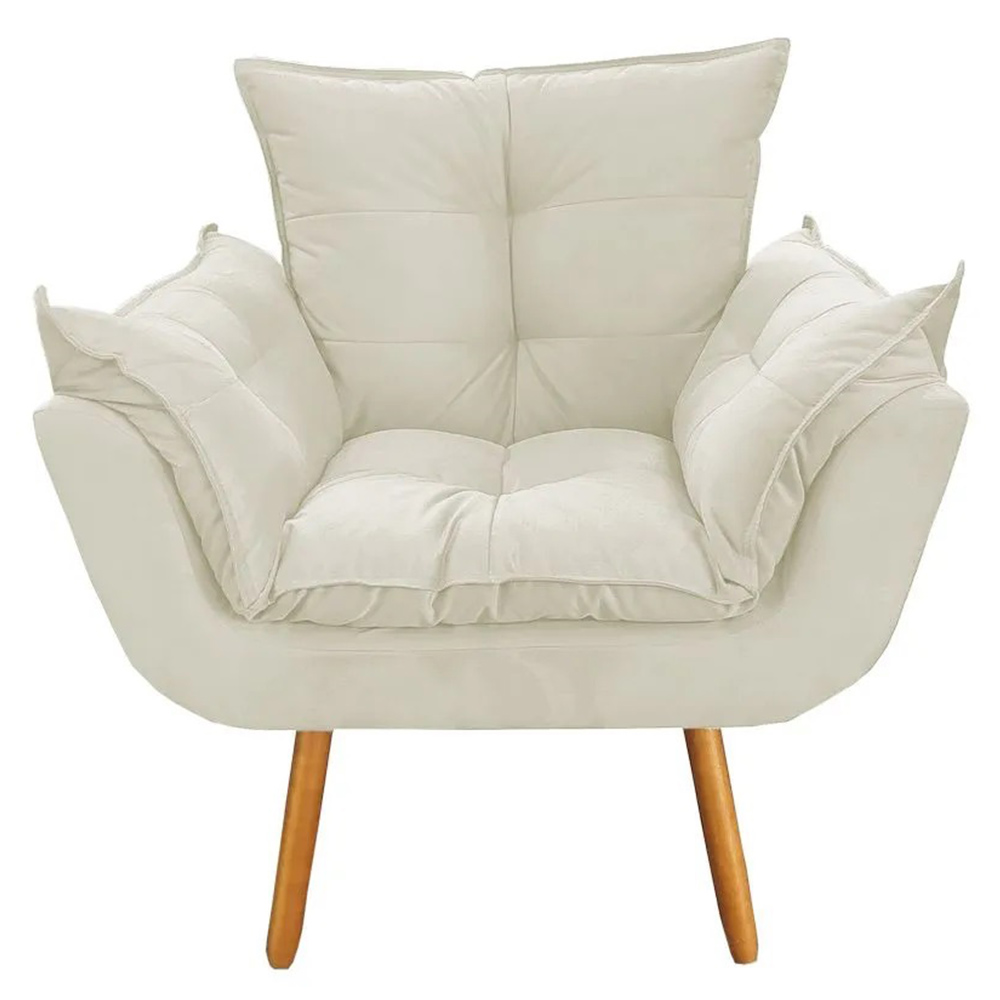 Combo Poltrona Decorativa Opalla Mais Puff Pés Palito Suede Bege - DS Estofados
