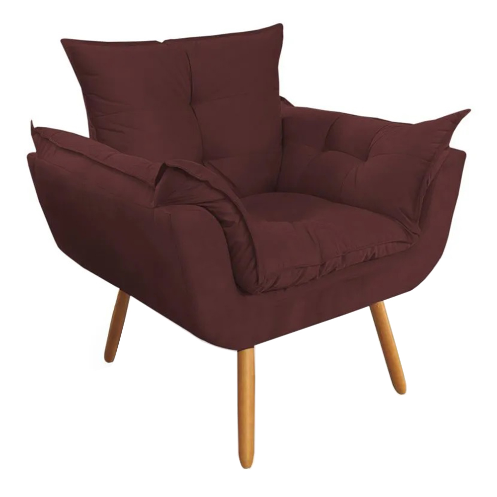 Combo Poltrona Decorativa Opalla Mais Puff Pés Palito Suede Bordô - DS Estofados