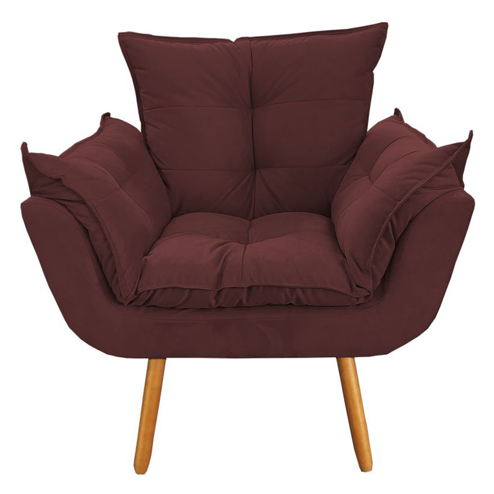 Combo Poltrona Decorativa Opalla Mais Puff Pés Palito Suede Bordô - DS Estofados