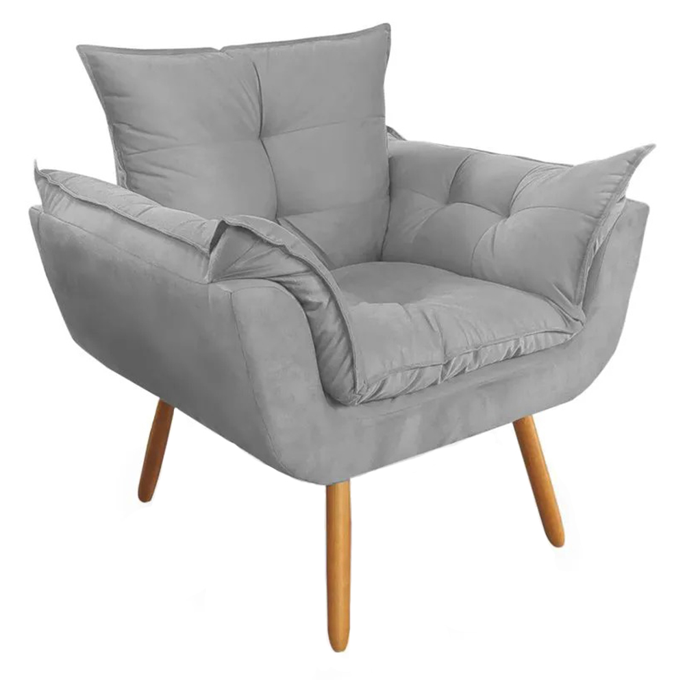 Combo Poltrona Decorativa Opalla Mais Puff Pés Palito Suede Cinza - DS Estofados
