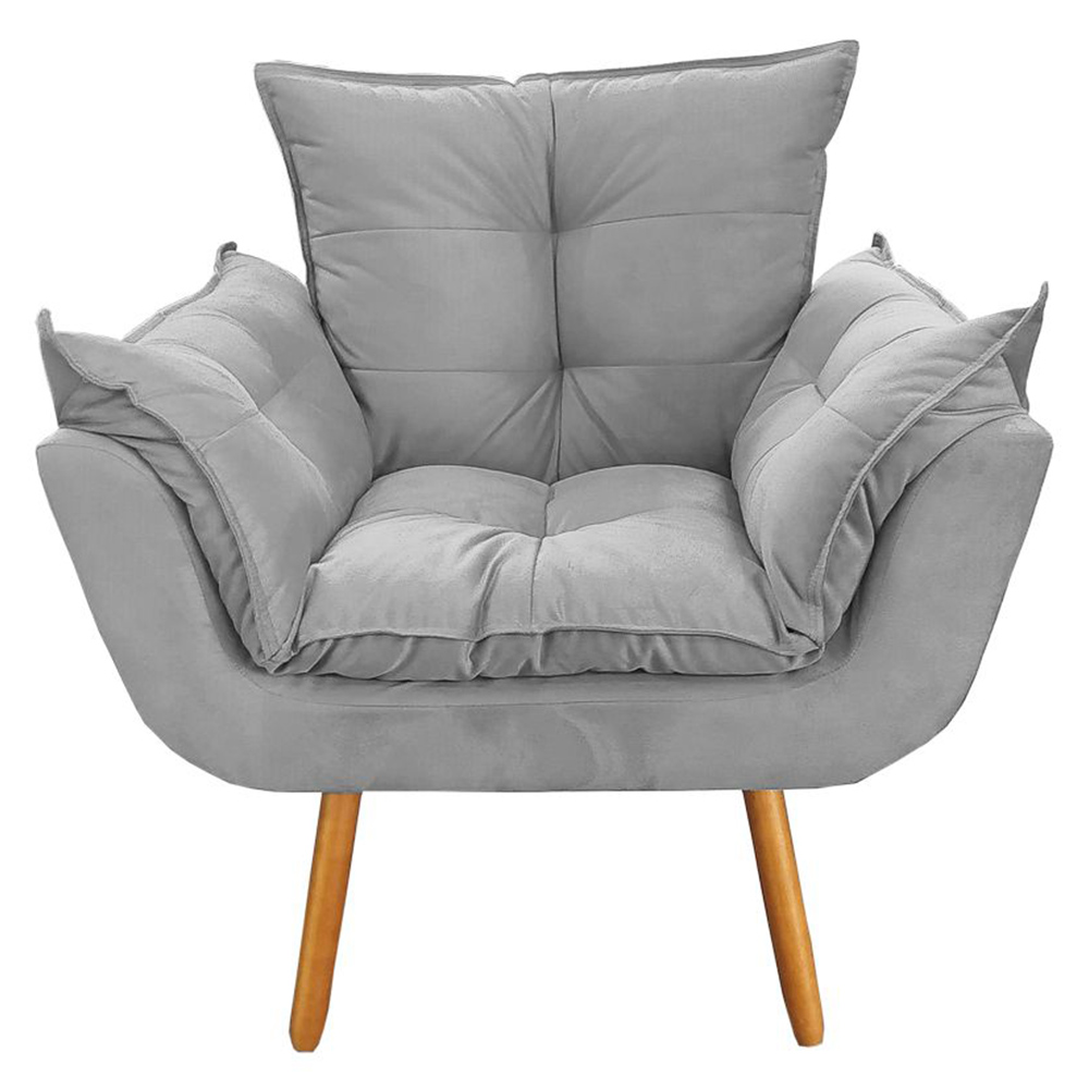 Combo Poltrona Decorativa Opalla Mais Puff Pés Palito Suede Cinza - DS Estofados