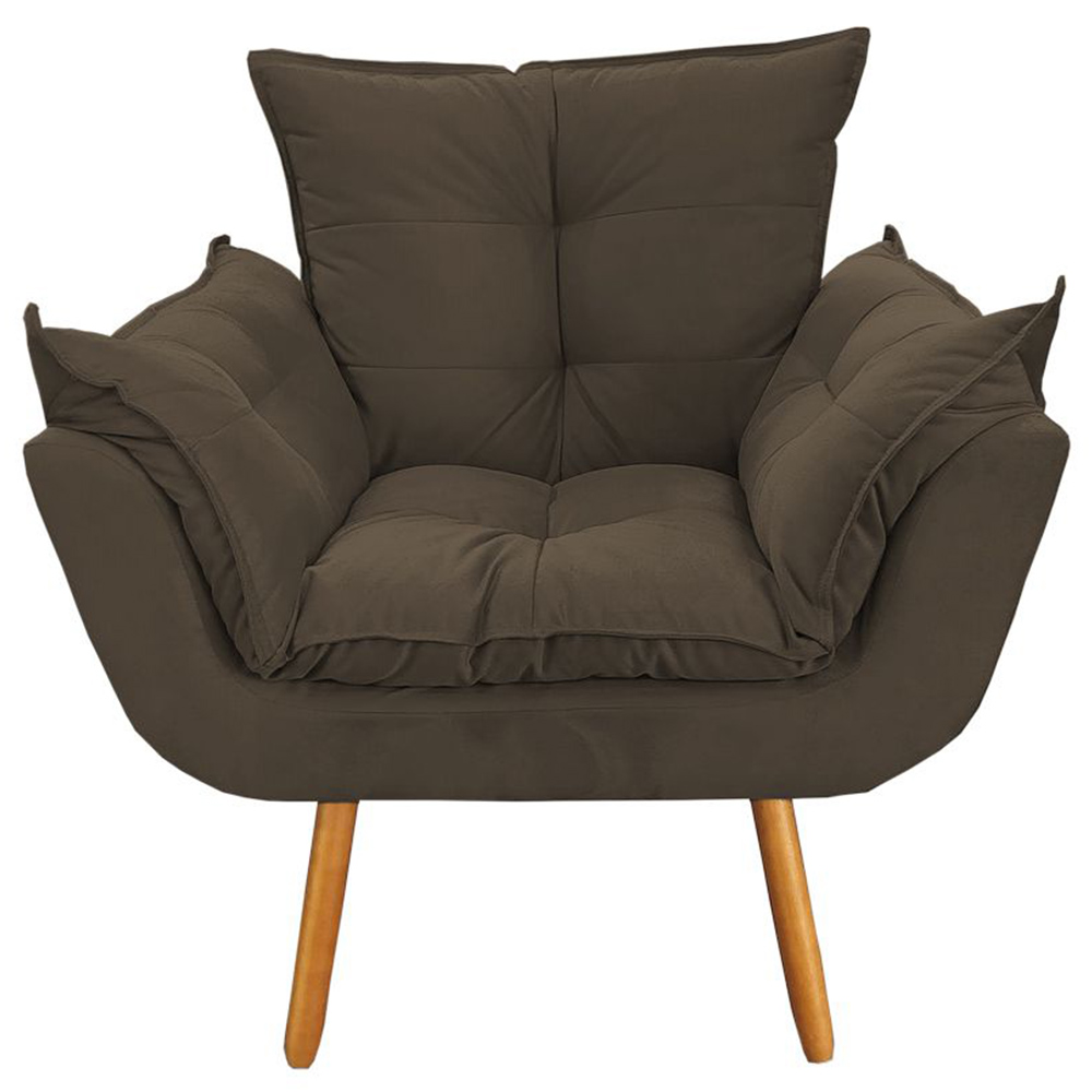 Combo Poltrona Decorativa Opalla Mais Puff Pés Palito Suede Marrom - DS Estofados
