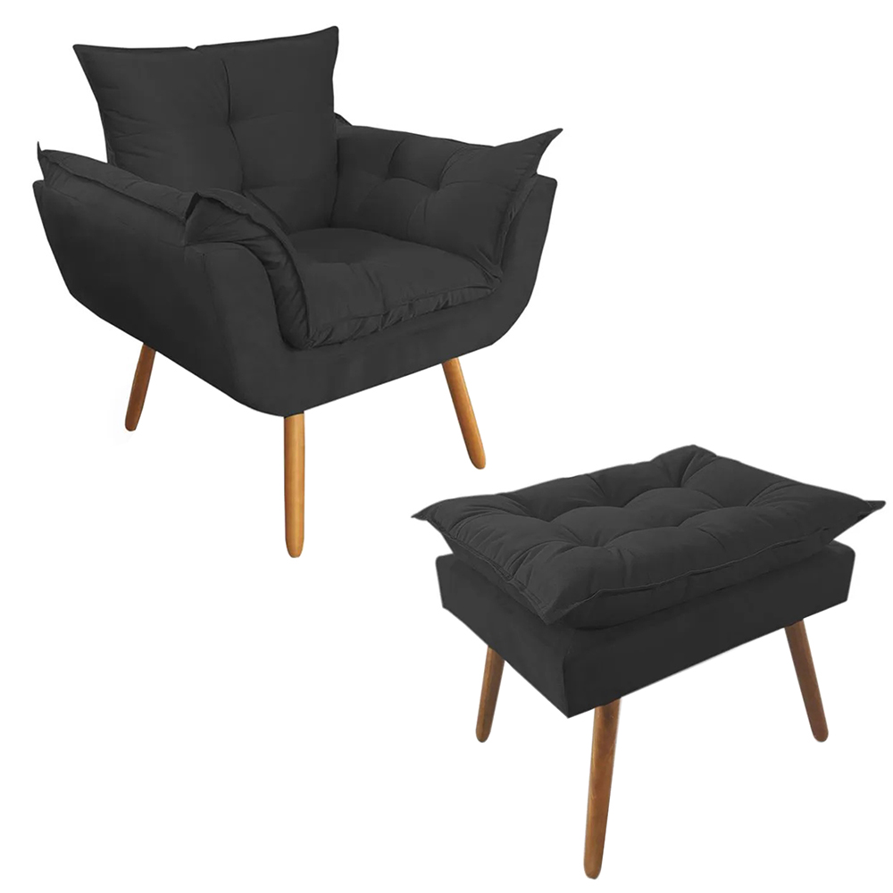 Combo Poltrona Decorativa Opalla Mais Puff Pés Palito Suede Preto - DS Estofados