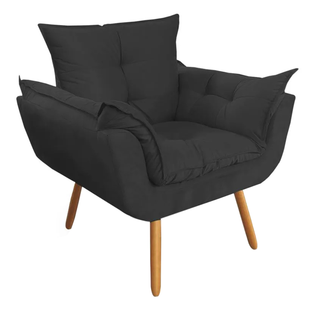 Combo Poltrona Decorativa Opalla Mais Puff Pés Palito Suede Preto - DS Estofados