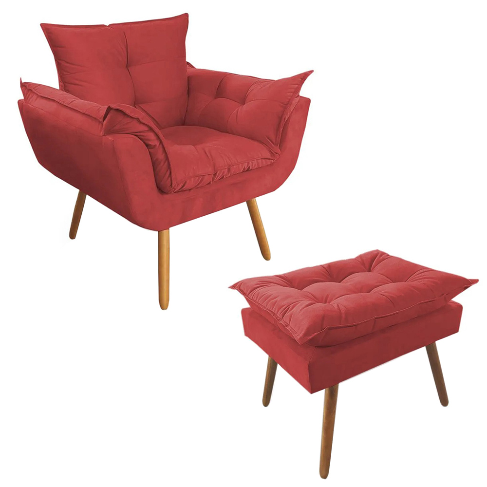 Combo Poltrona Decorativa Opalla Mais Puff Pés Palito Suede Vermelho - DS Estofados