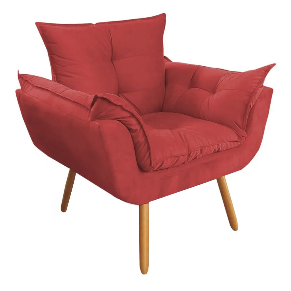 Combo Poltrona Decorativa Opalla Mais Puff Pés Palito Suede Vermelho - DS Estofados