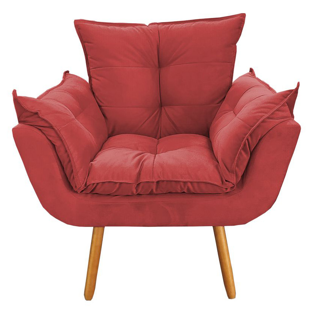 Combo Poltrona Decorativa Opalla Mais Puff Pés Palito Suede Vermelho - DS Estofados