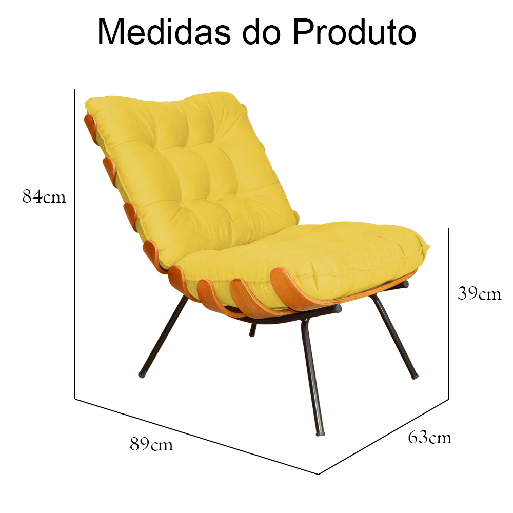 Combo Poltrona Decorativa mais Puff Costela Suede Amarelo