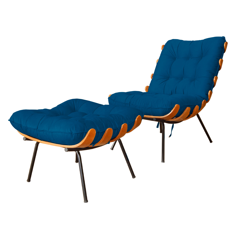 Combo Poltrona Decorativa mais Puff Costela Suede Azul Royal
