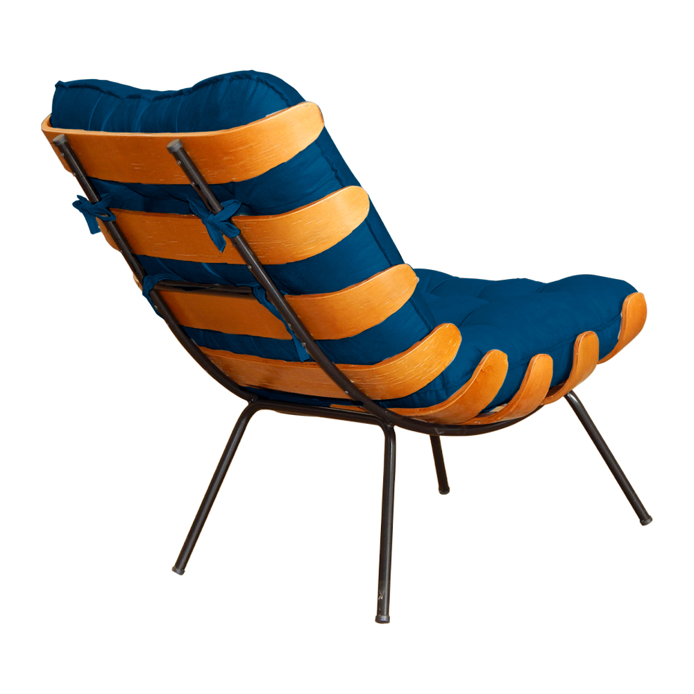 Combo Poltrona Decorativa mais Puff Costela Suede Azul Royal