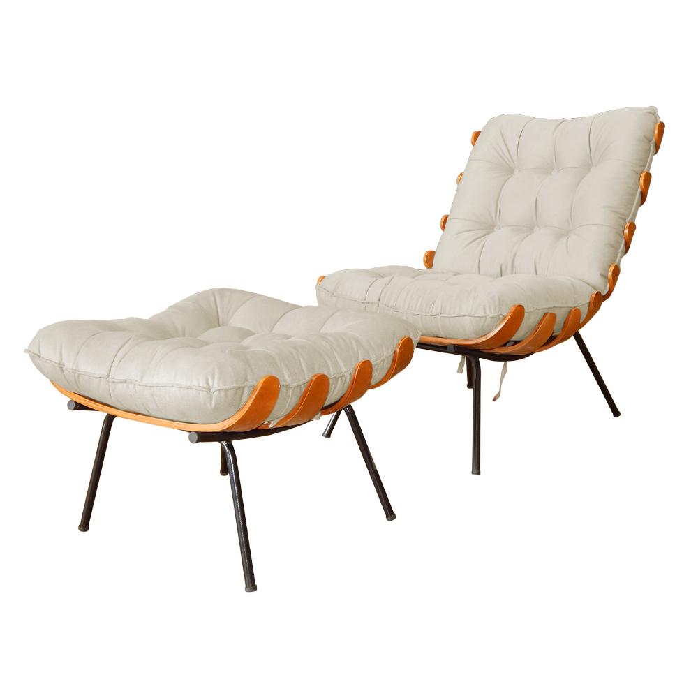 Combo Poltrona Decorativa mais Puff Costela Suede Bege - DS Estofados