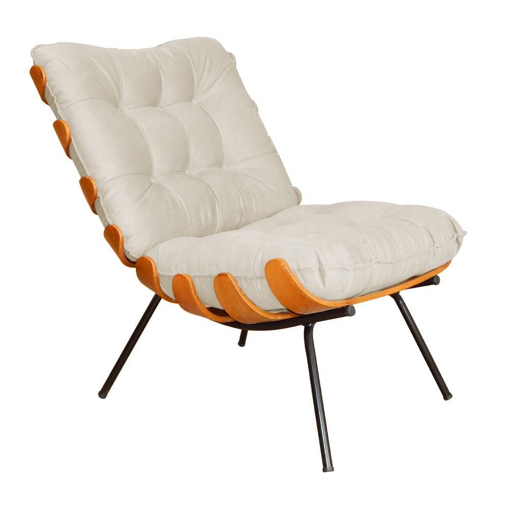 Combo Poltrona Decorativa mais Puff Costela Suede Bege - DS Estofados