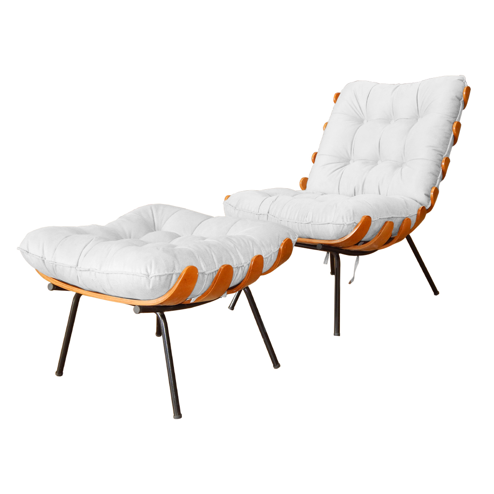 Combo Poltrona Decorativa mais Puff Costela Suede Branco - DS Estofados