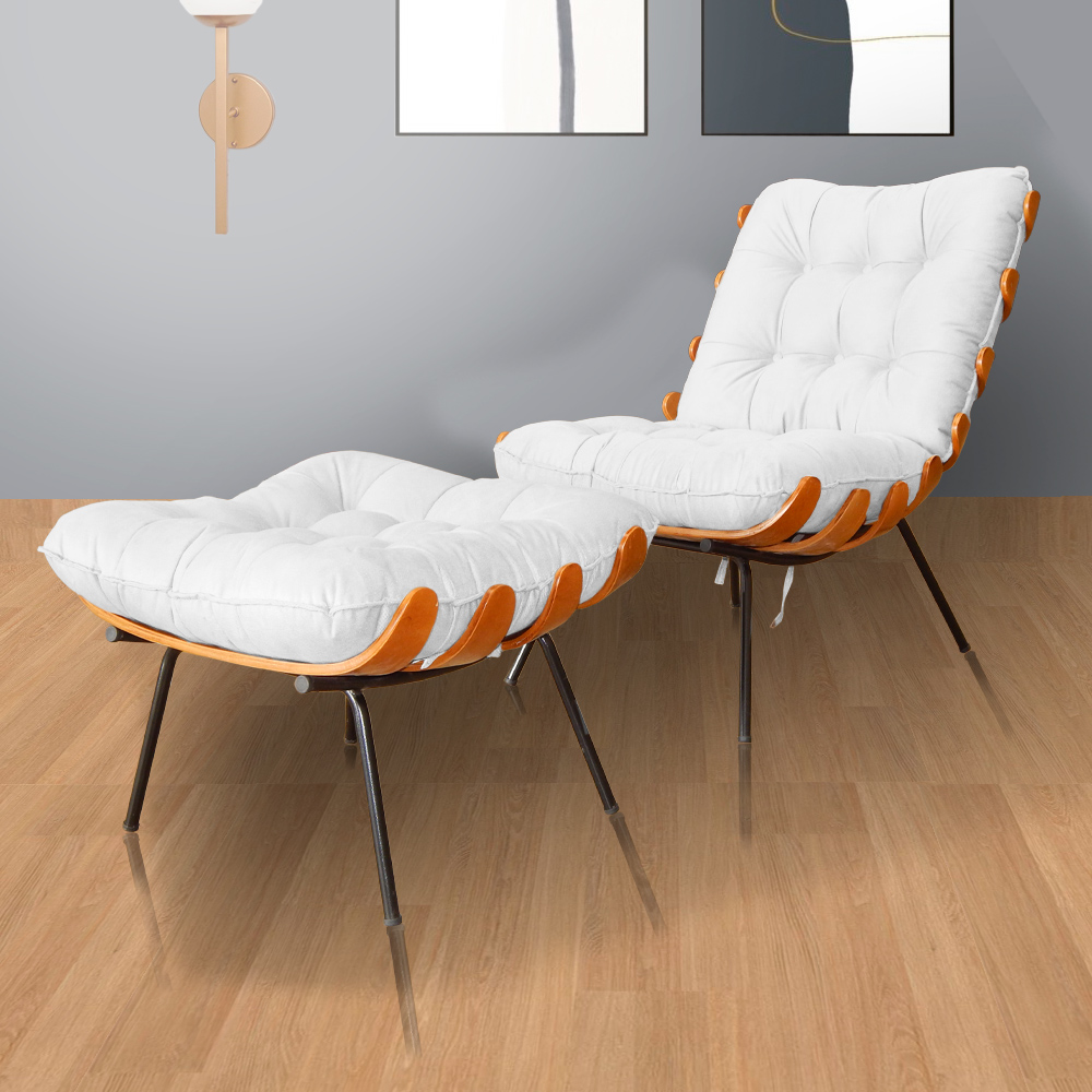 Combo Poltrona Decorativa mais Puff Costela Suede Branco - DS Estofados