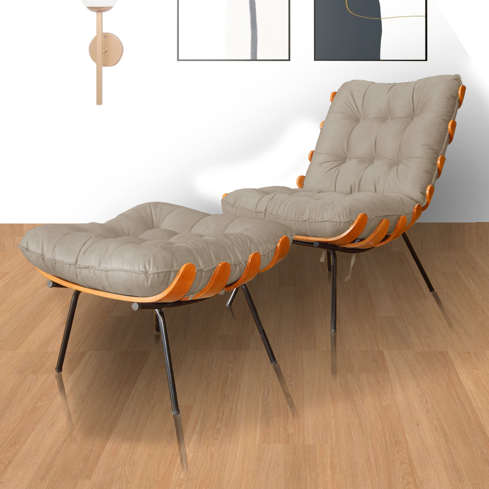 Combo Poltrona Decorativa mais Puff Costela Suede Capuccino - DS Estofados