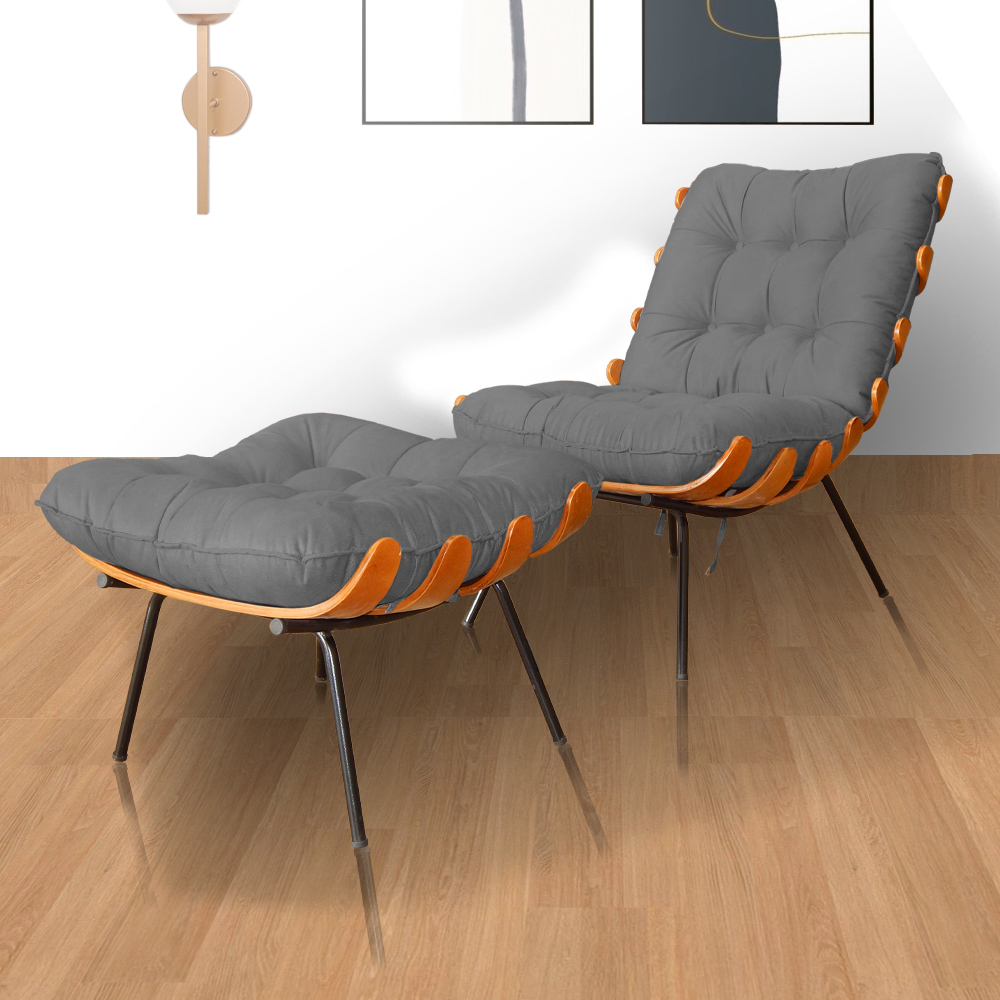 Combo Poltrona Decorativa mais Puff Costela Suede Cinza - DS Estofados
