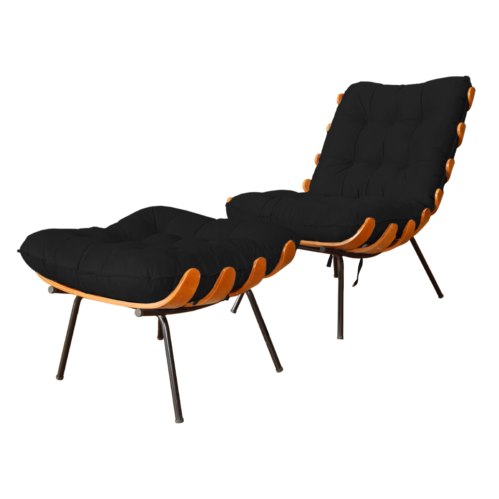 Combo Poltrona Decorativa mais Puff Costela Suede Preto - DS Estofados