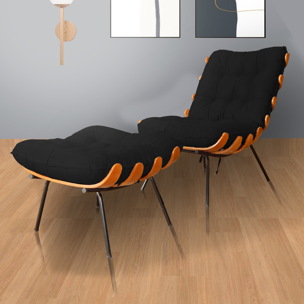Combo Poltrona Decorativa mais Puff Costela Suede Preto - DS Estofados