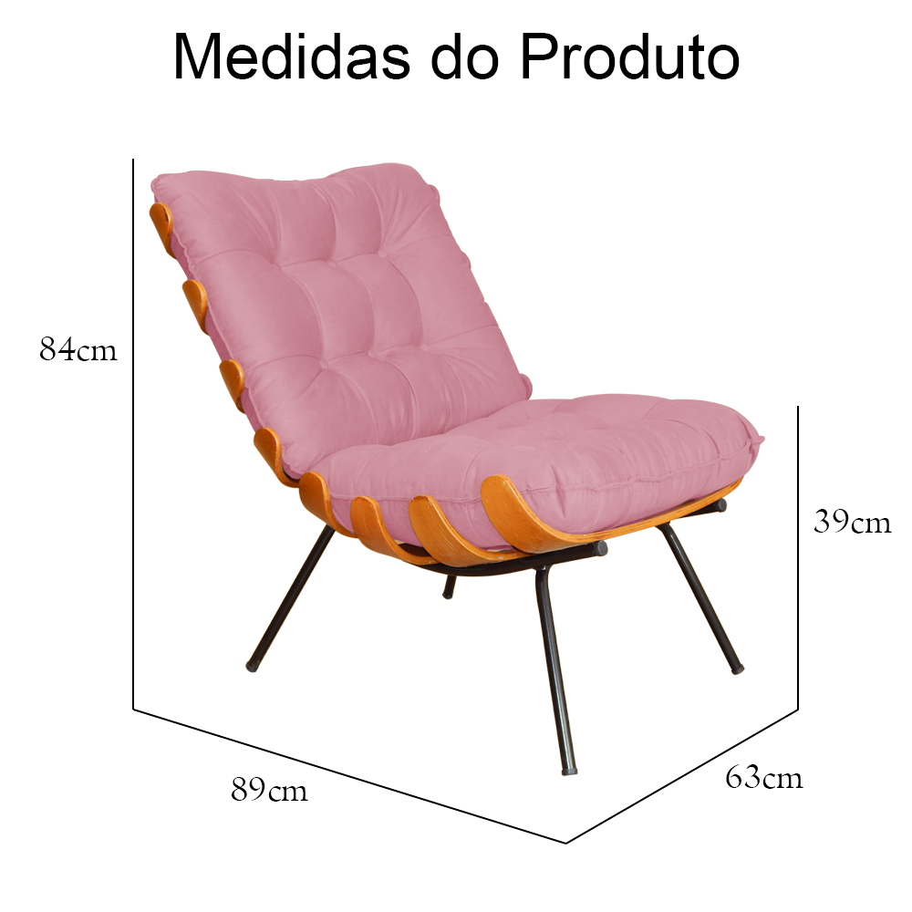 Combo Poltrona Decorativa mais Puff Costela Suede Rosa