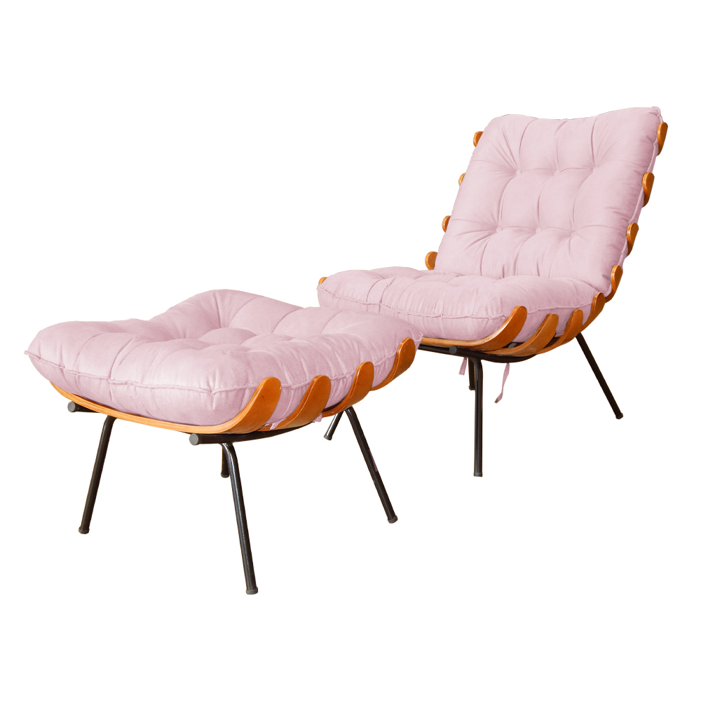 Combo Poltrona Decorativa mais Puff Costela Suede Rosa Bebê