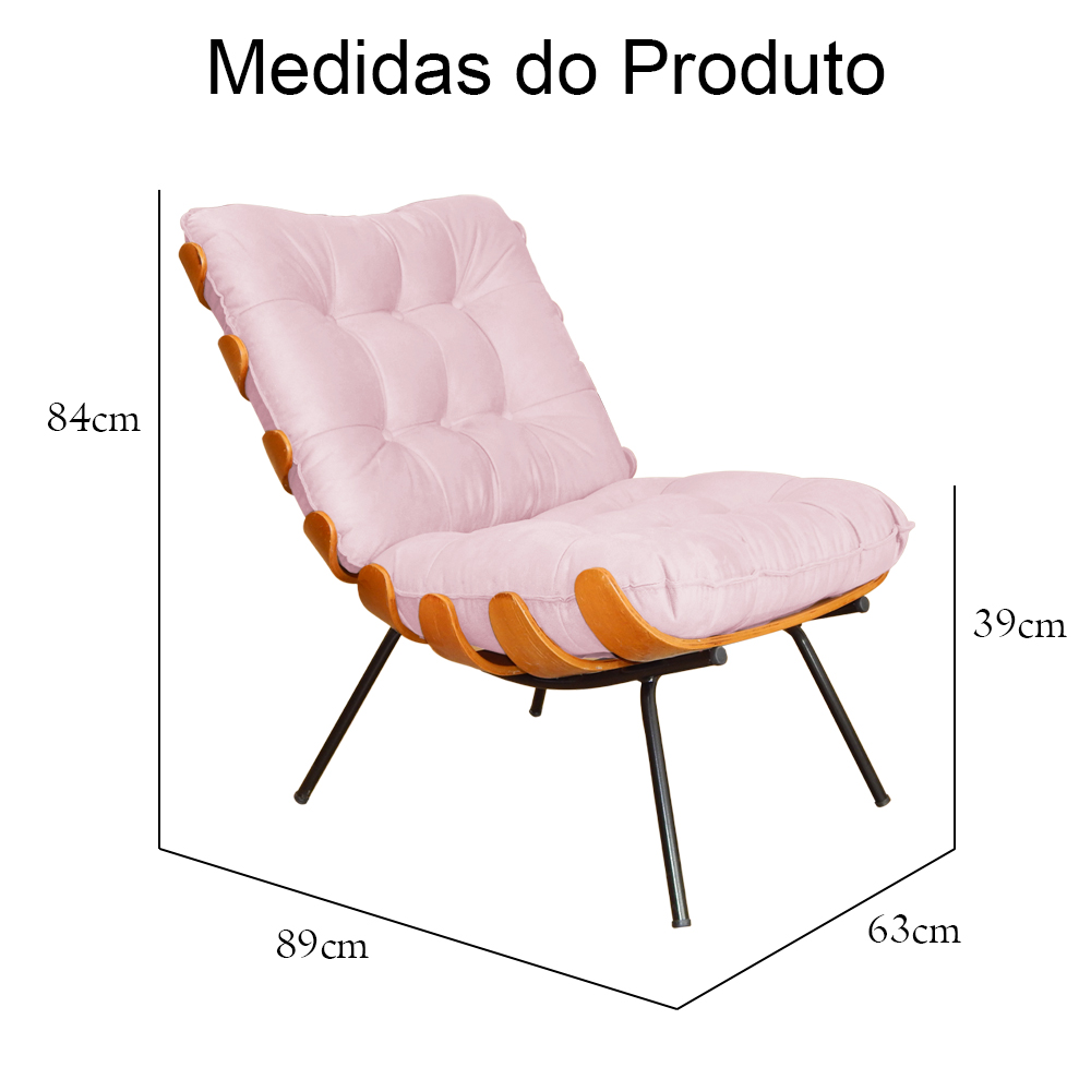 Combo Poltrona Decorativa mais Puff Costela Suede Rosa Bebê