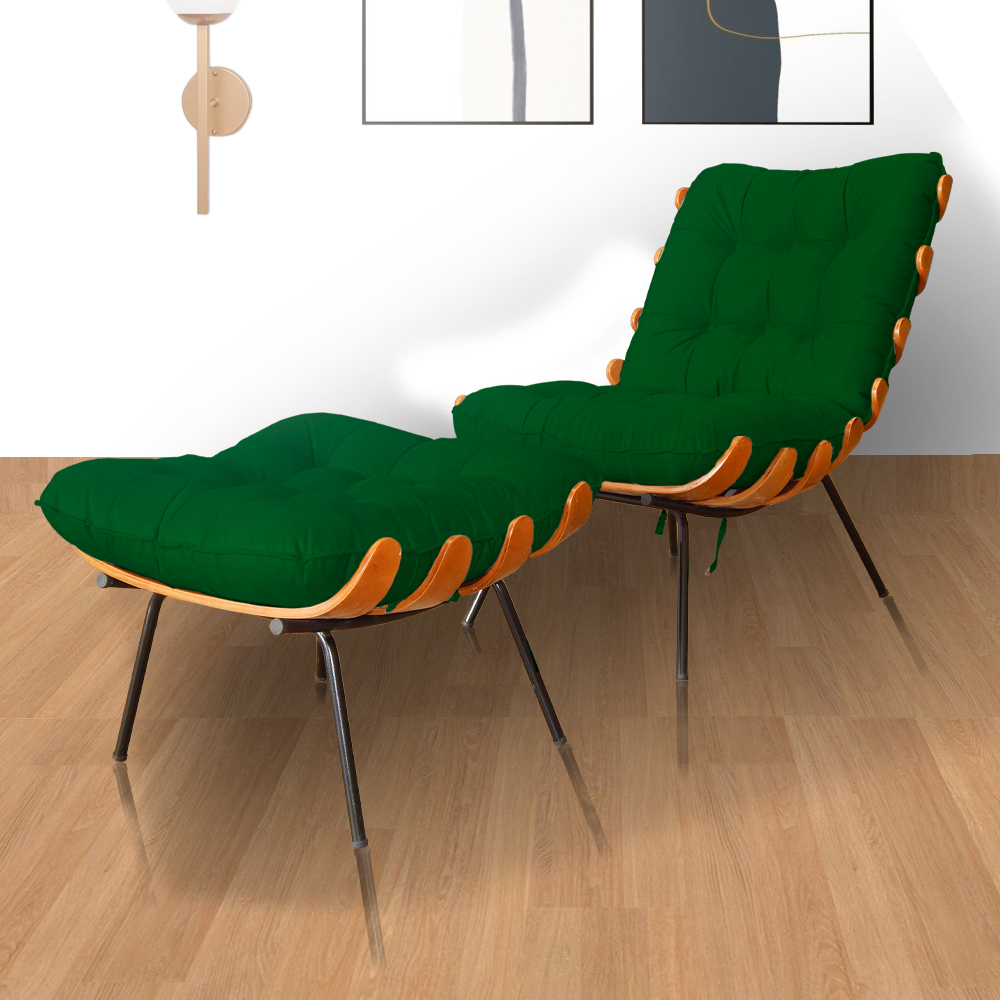 Combo Poltrona Decorativa mais Puff Costela Suede Verde - DS Estofados