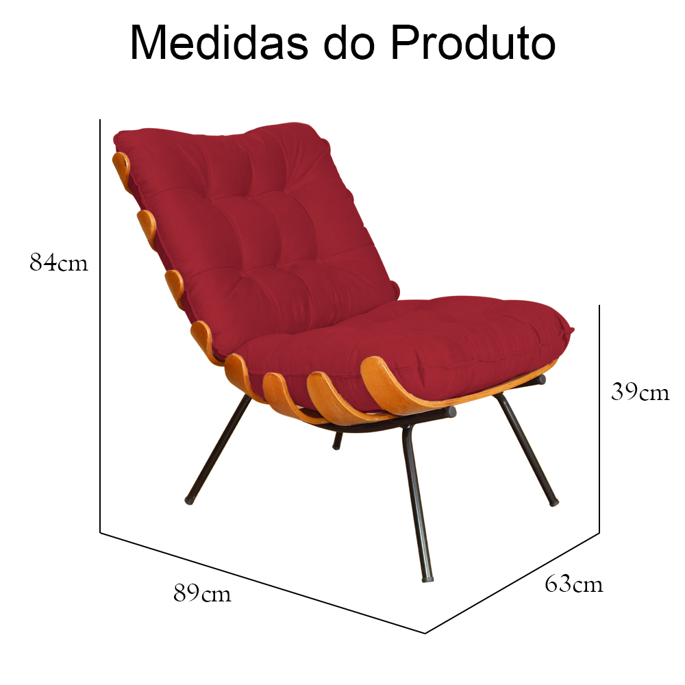 Combo Poltrona Decorativa mais Puff Costela Suede Vermelho - DS Estofados