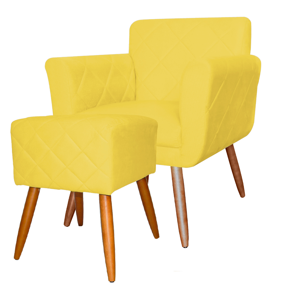 Combo Poltrona mais Puff Isabela em Tressê Pés Palito Suede Amarelo
