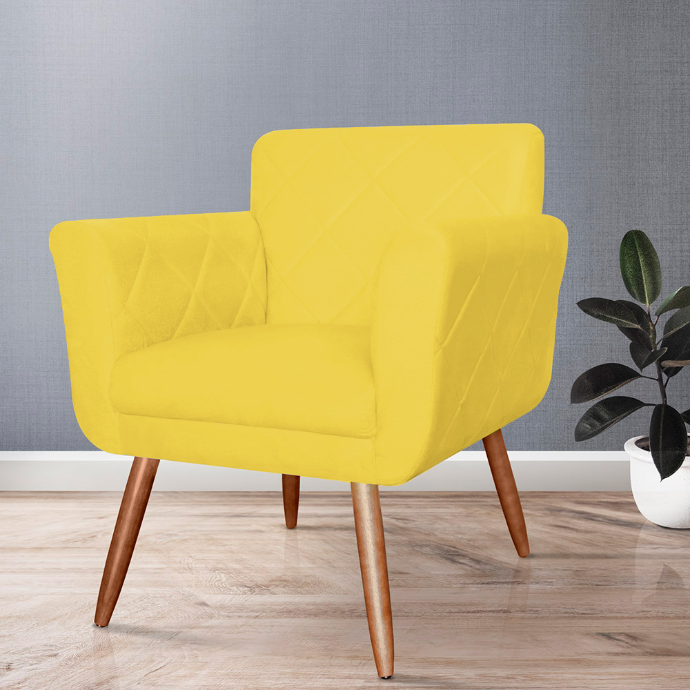Combo Poltrona mais Puff Isabela em Tressê Pés Palito Suede Amarelo