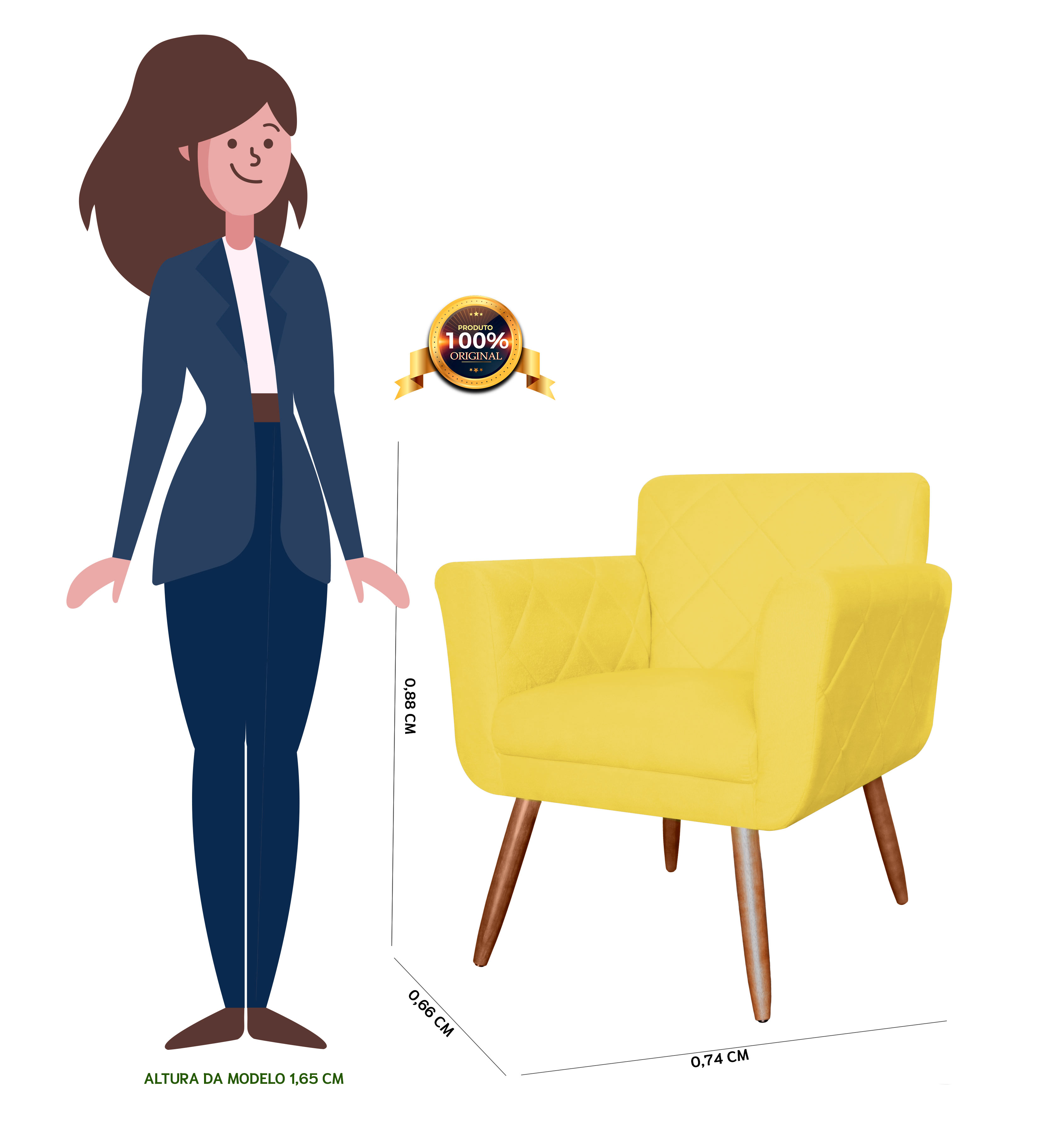 Combo Poltrona mais Puff Isabela em Tressê Pés Palito Suede Amarelo