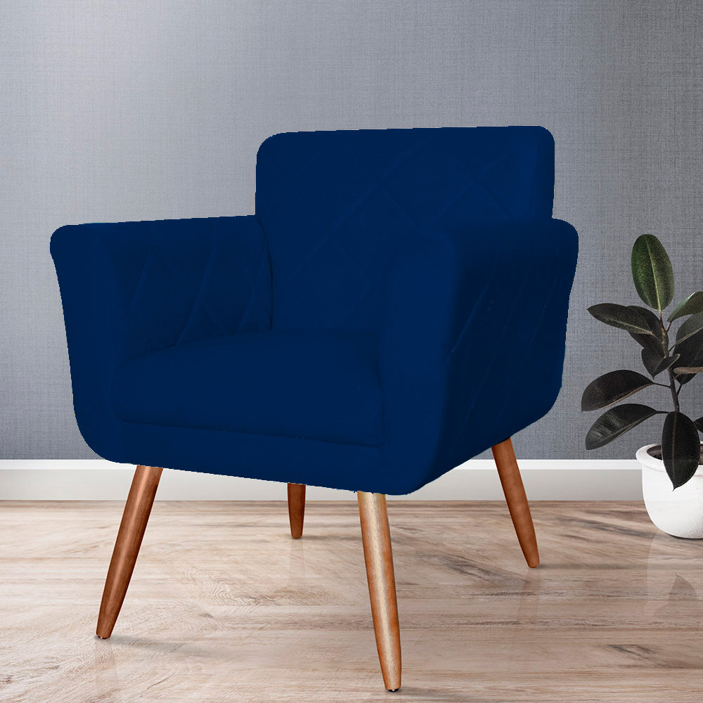 Combo Poltrona mais Puff Isabela em Tressê Pés Palito Suede Azul Marinho