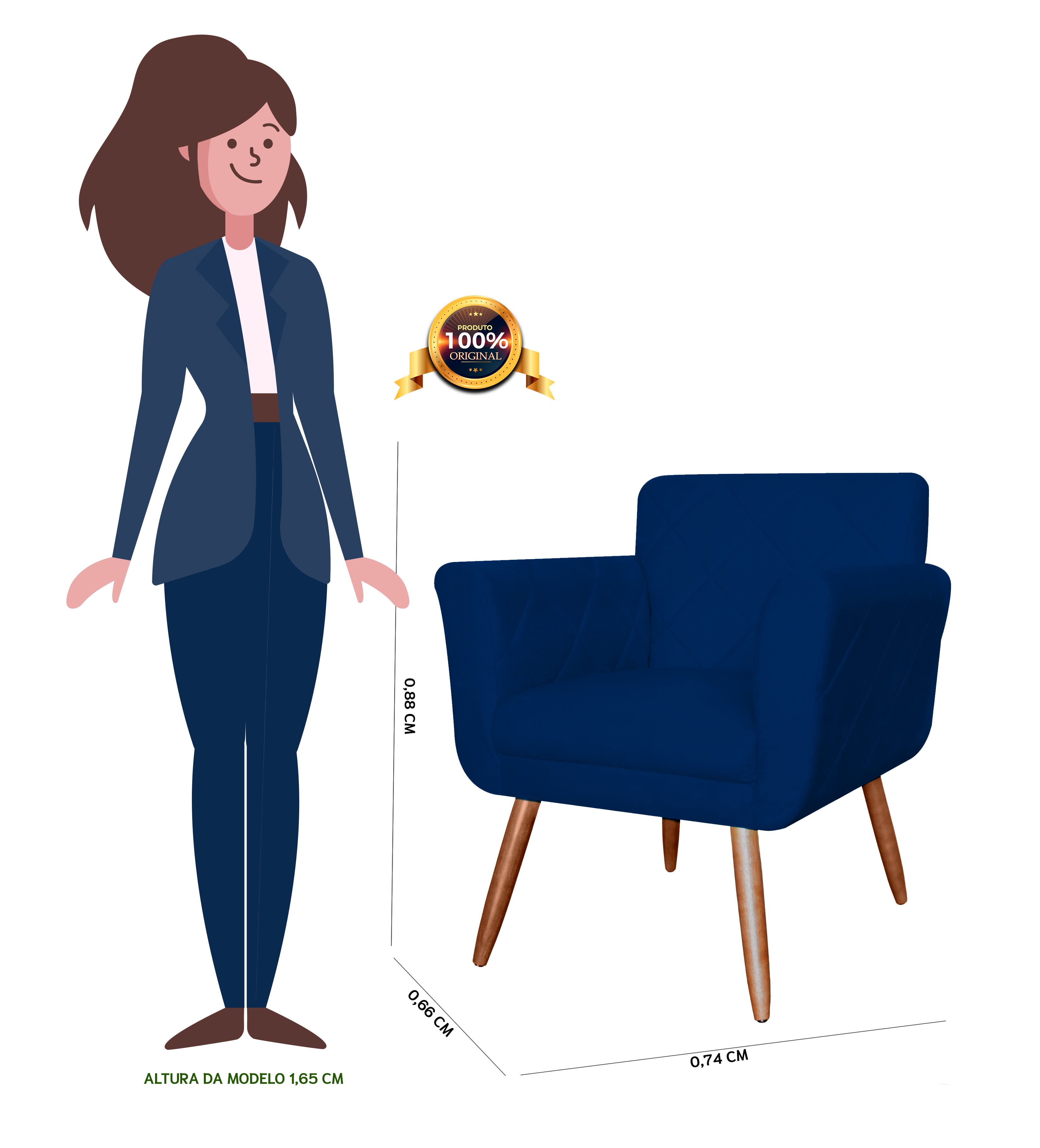 Combo Poltrona mais Puff Isabela em Tressê Pés Palito Suede Azul Marinho