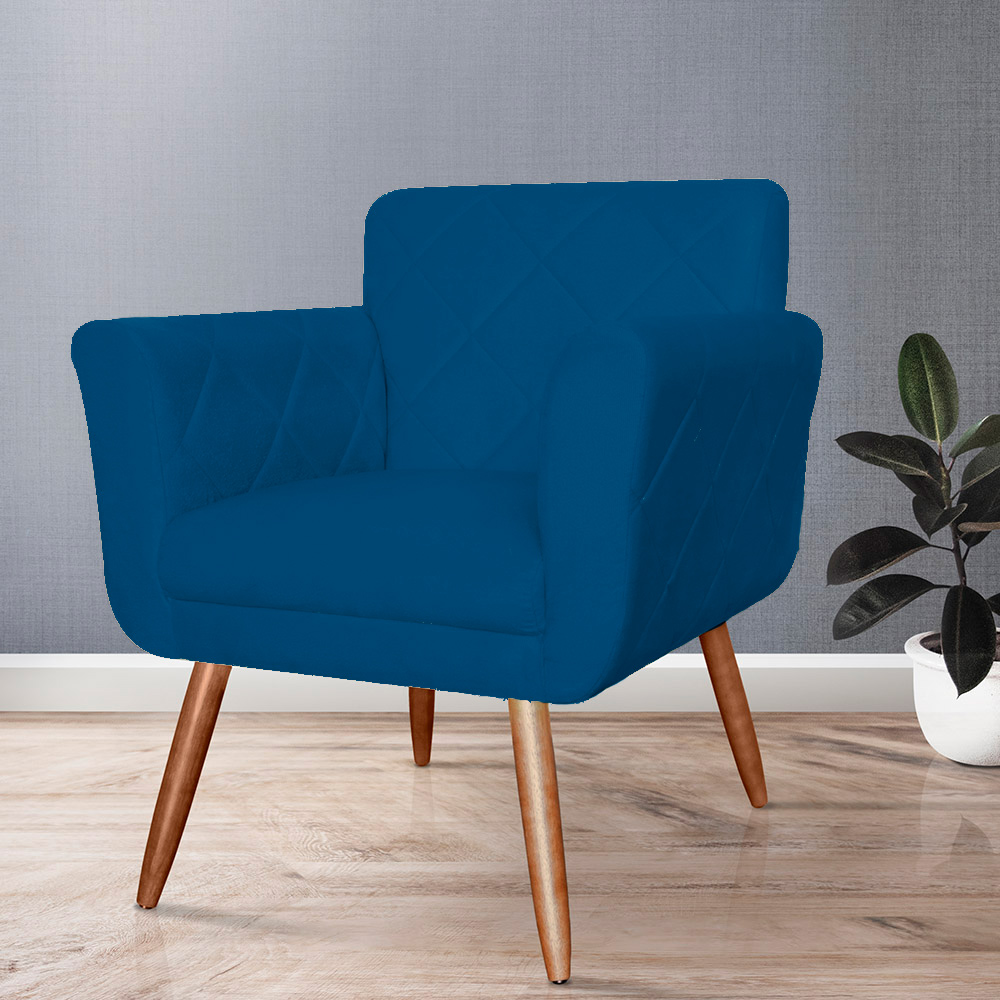 Combo Poltrona mais Puff Isabela em Tressê Pés Palito Suede Azul Royal