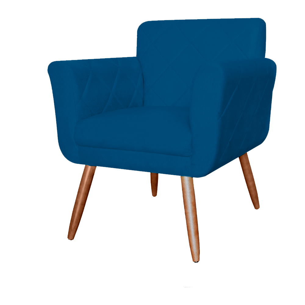 Combo Poltrona mais Puff Isabela em Tressê Pés Palito Suede Azul Royal