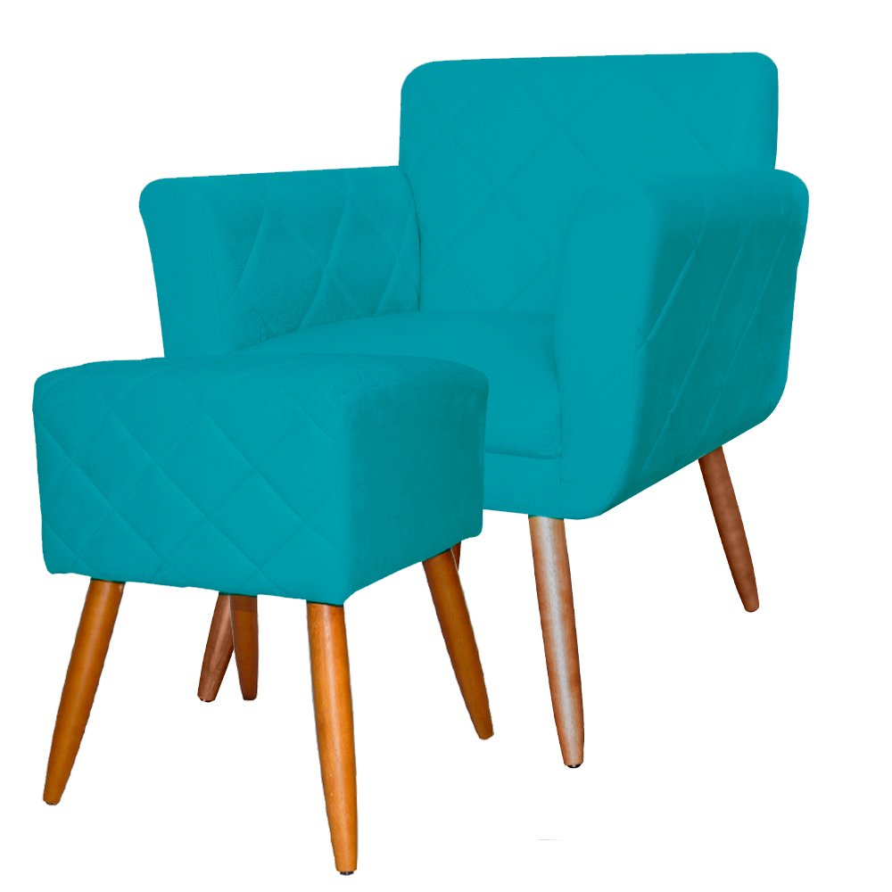 Combo Poltrona mais Puff Isabela em Tressê Pés Palito Suede Azul Turquesa