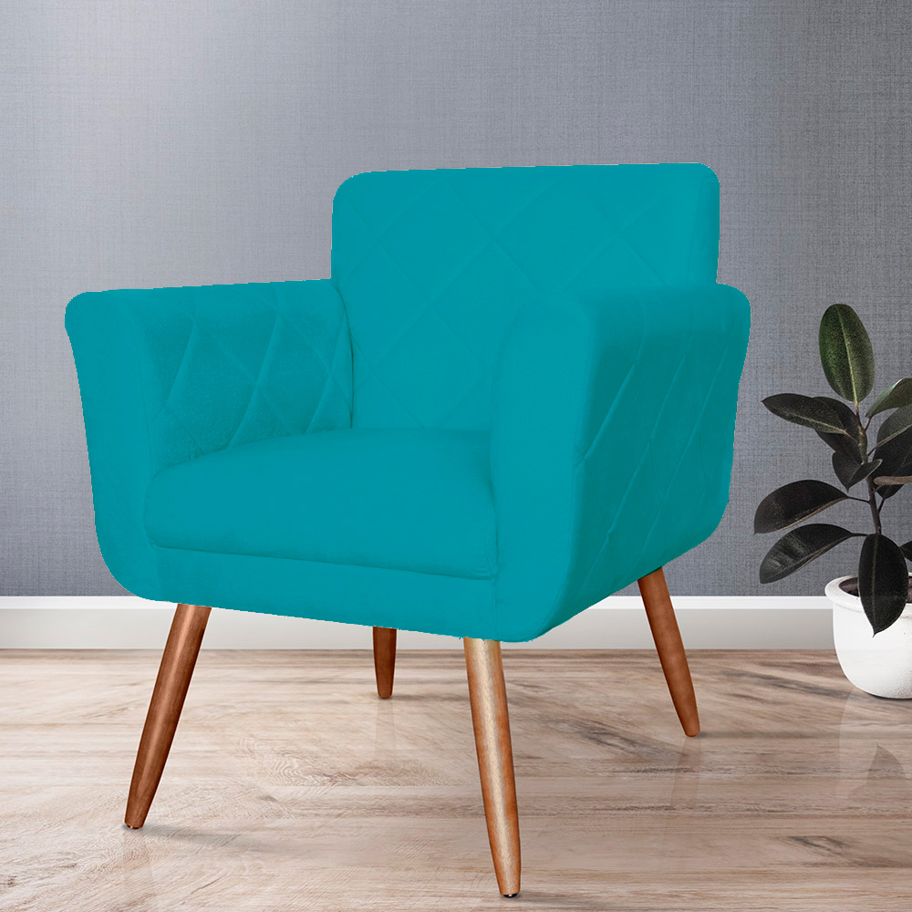 Combo Poltrona mais Puff Isabela em Tressê Pés Palito Suede Azul Turquesa