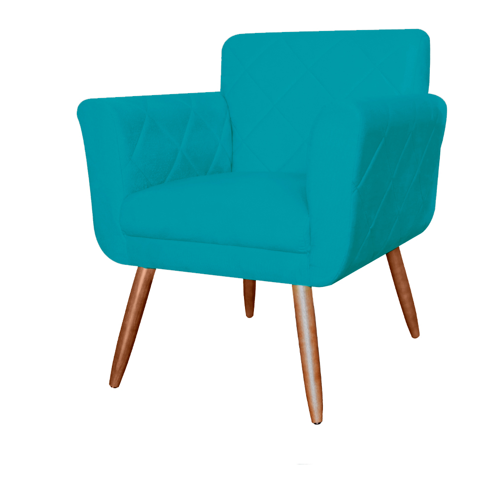 Combo Poltrona mais Puff Isabela em Tressê Pés Palito Suede Azul Turquesa