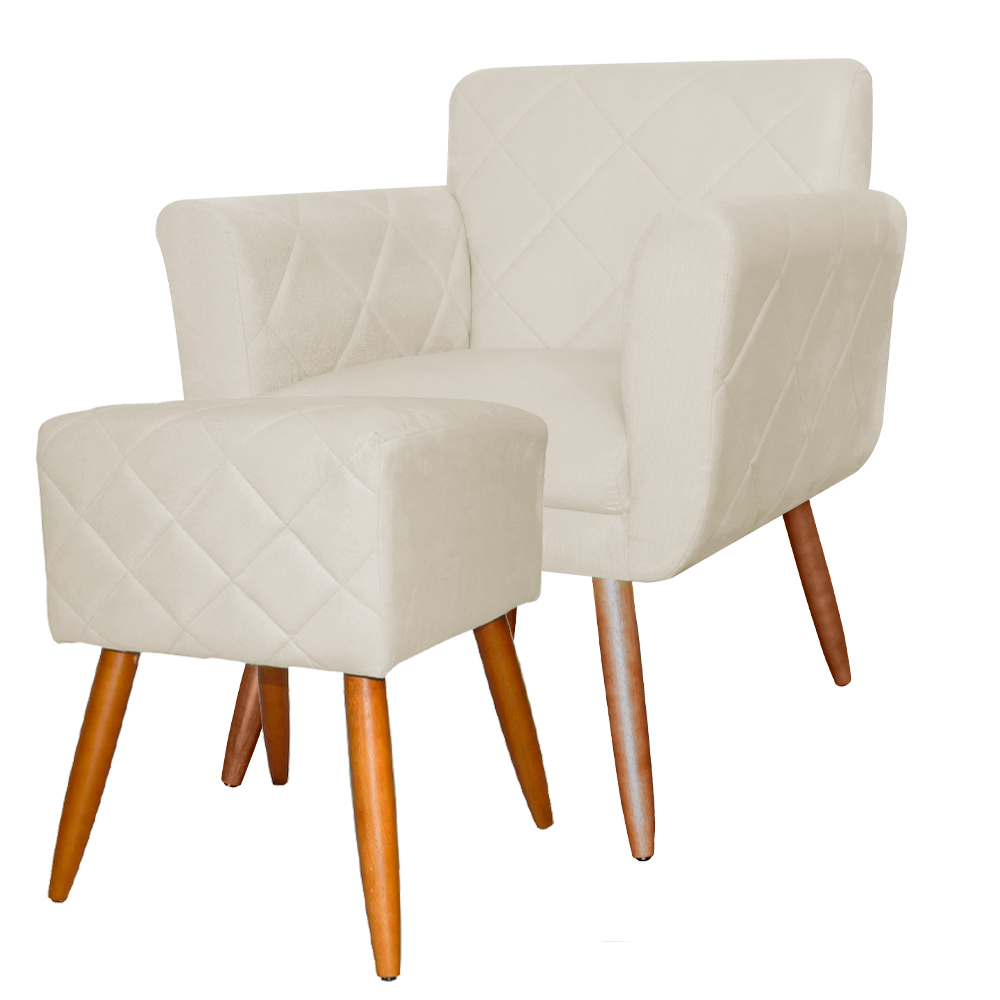 Combo Poltrona mais Puff Isabela em Tressê Pés Palito Suede Bege