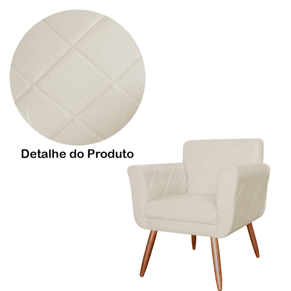 Combo Poltrona mais Puff Isabela em Tressê Pés Palito Suede Bege