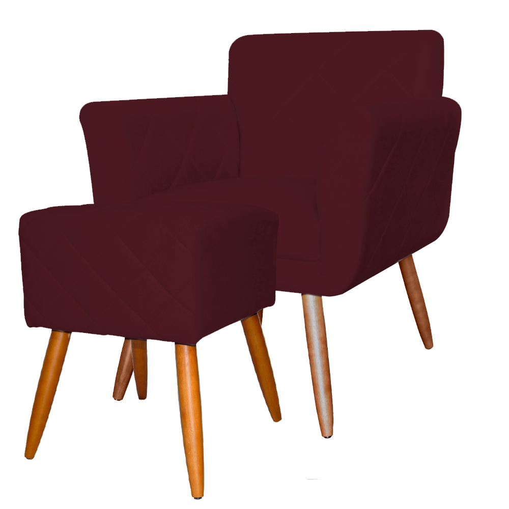 Combo Poltrona mais Puff Isabela em Tressê Pés Palito Suede Bordô