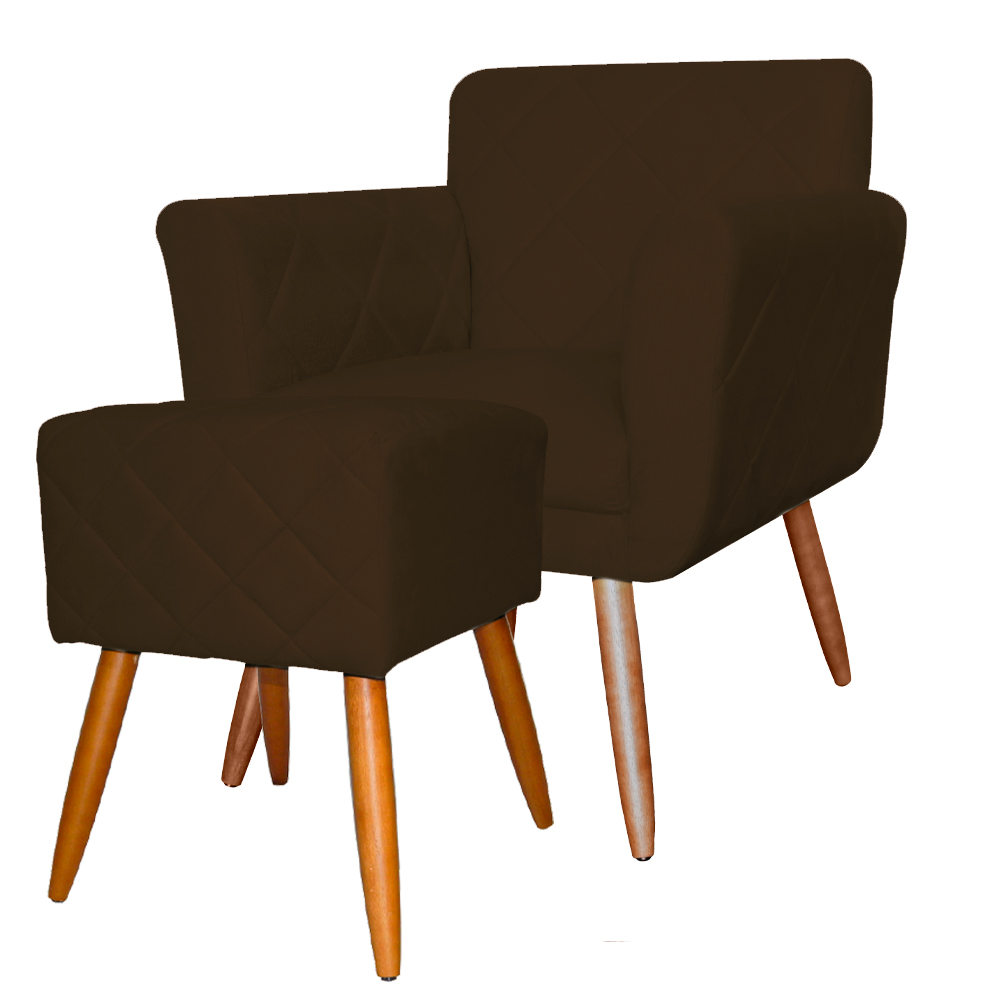 Combo Poltrona mais Puff Isabela em Tressê Pés Palito Suede Marrom