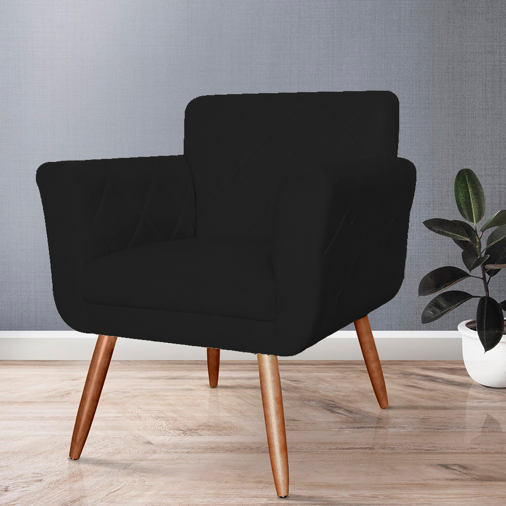 Combo Poltrona mais Puff Isabela em Tressê Pés Palito Suede Preto