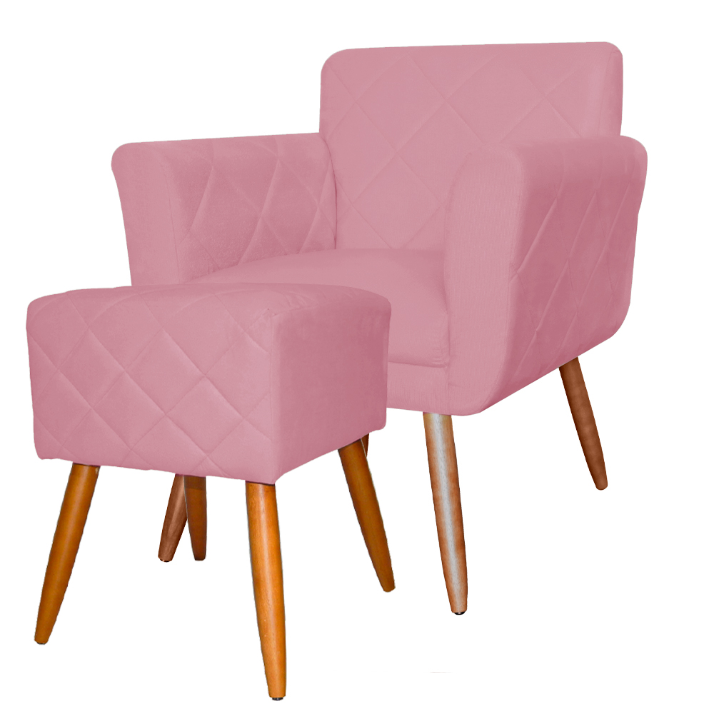 Combo Poltrona mais Puff Isabela em Tressê Pés Palito Suede Rosa