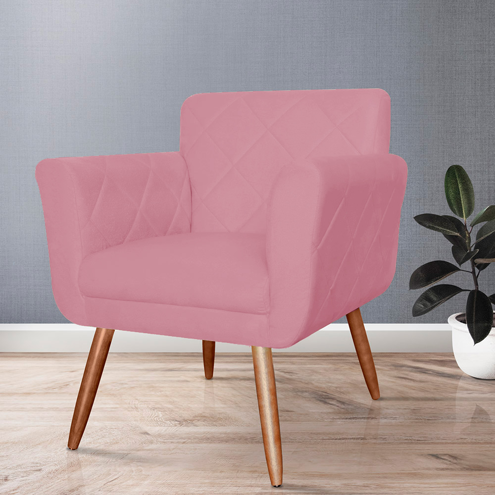 Combo Poltrona mais Puff Isabela em Tressê Pés Palito Suede Rosa