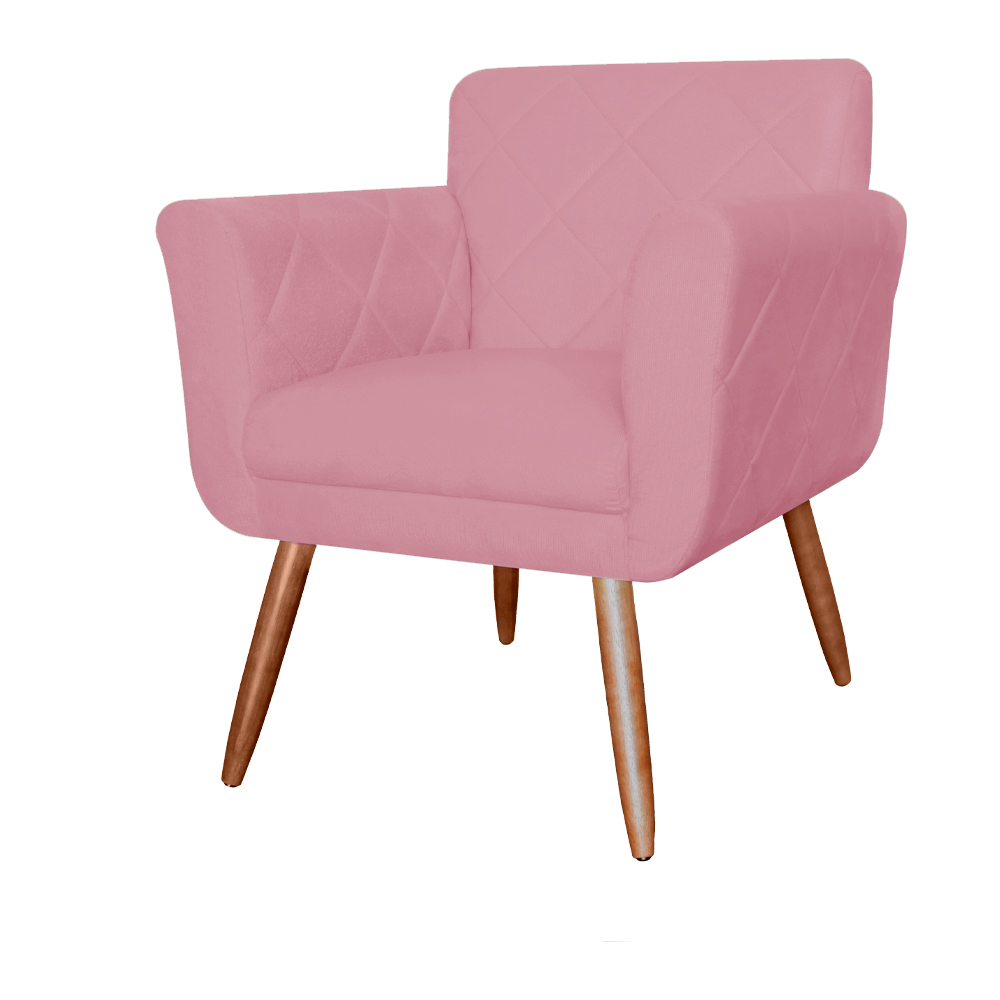 Combo Poltrona mais Puff Isabela em Tressê Pés Palito Suede Rosa
