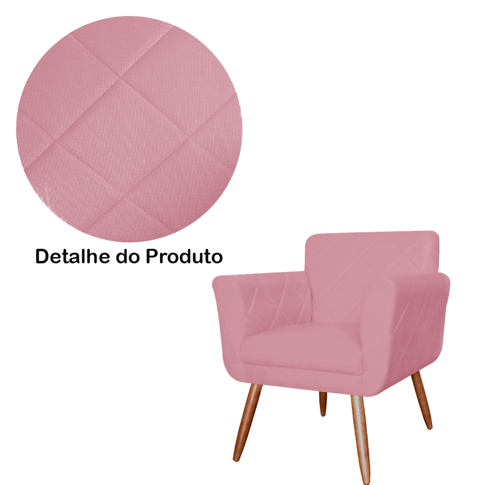 Combo Poltrona mais Puff Isabela em Tressê Pés Palito Suede Rosa
