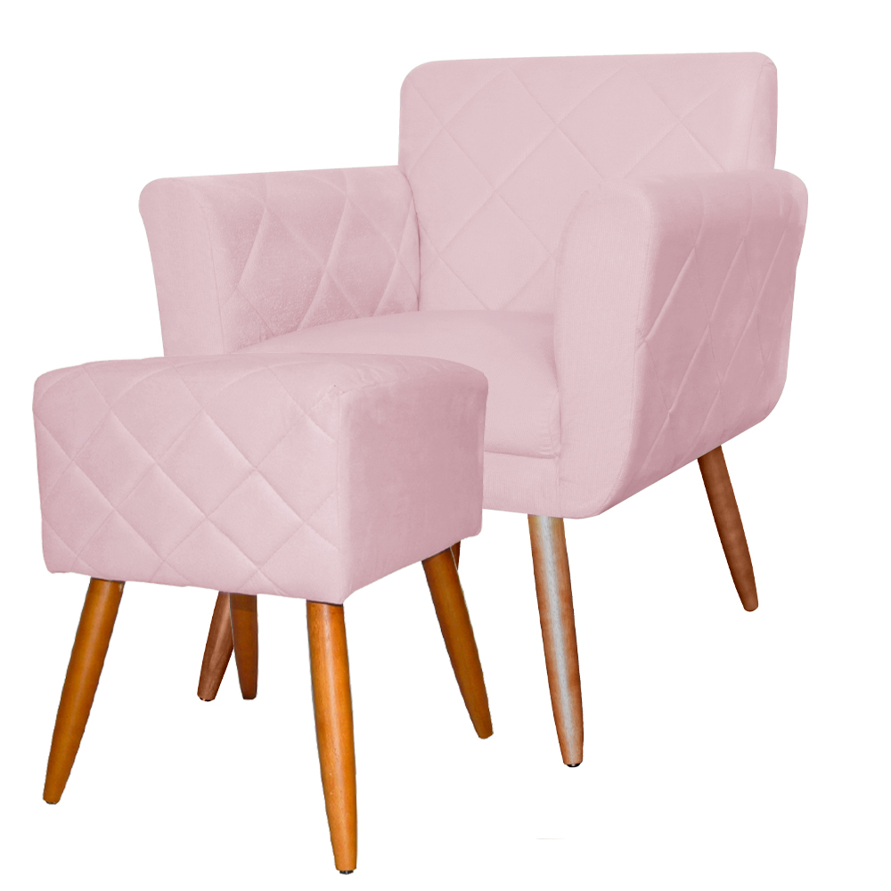 Combo Poltrona mais Puff Isabela em Tressê Pés Palito Suede Rosa Bebê