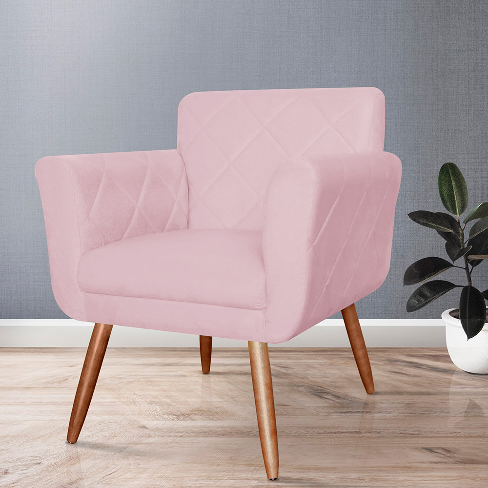 Combo Poltrona mais Puff Isabela em Tressê Pés Palito Suede Rosa Bebê