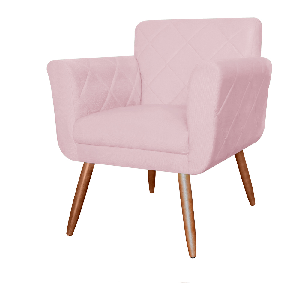 Combo Poltrona mais Puff Isabela em Tressê Pés Palito Suede Rosa Bebê